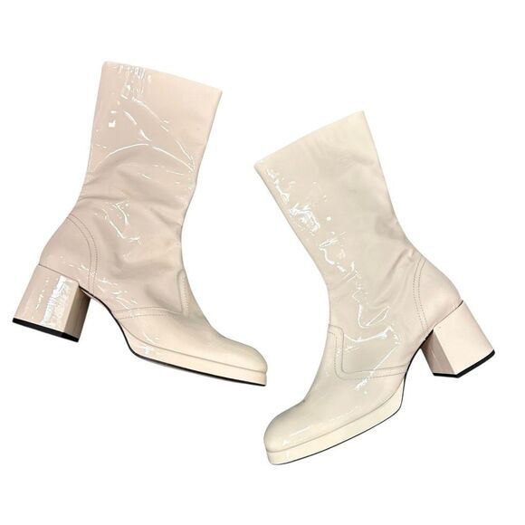 Miista Cass Boots 40 Cream White Patent Leather Block Heel Square Toe High Tall - Picture 2 of 16